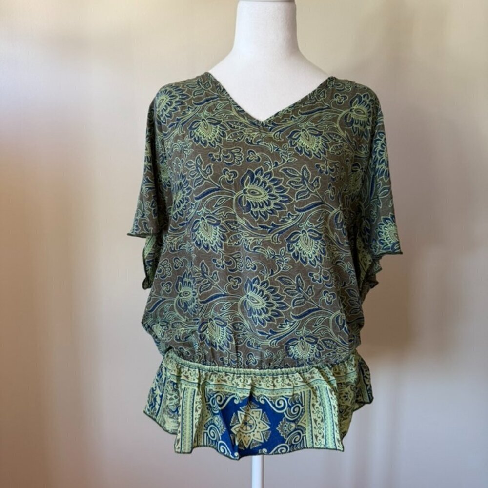 Karma Highway Women's Green Blue Multi-pattern Paisley Floral Elastic Waist Top